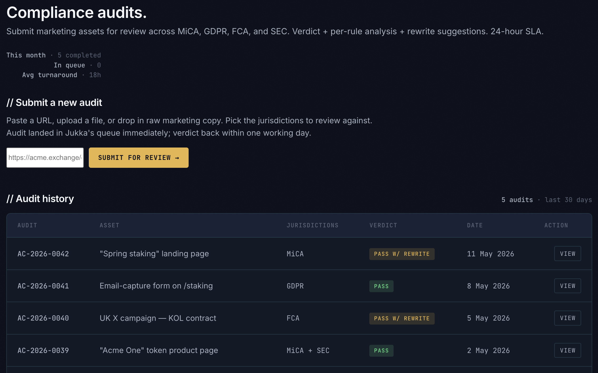 Audit history &mdash; every MiCA, GDPR, FCA, and SEC audit run for your account, archived as evidence of diligence