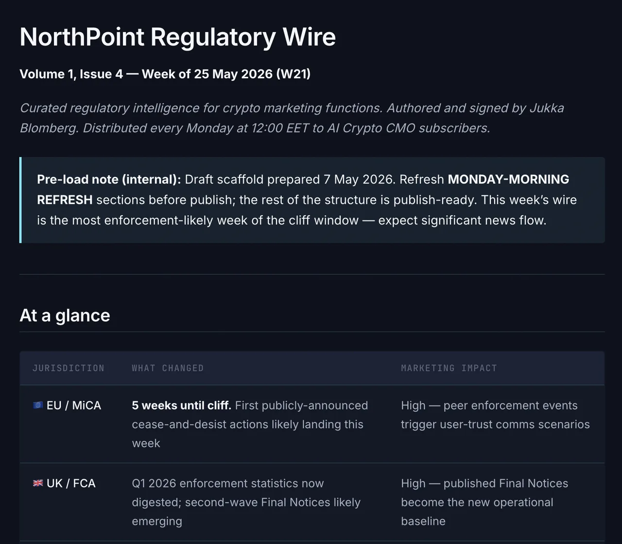The Signal — the always-on competitor, regulatory, and narrative feed subscribers visit when they need it